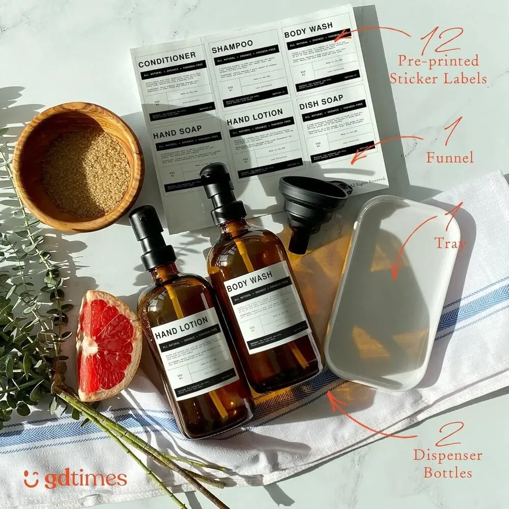 gdtimes Dispenser Set With Labels - Amber‎ Bottles With Black Pumps 17 Oz